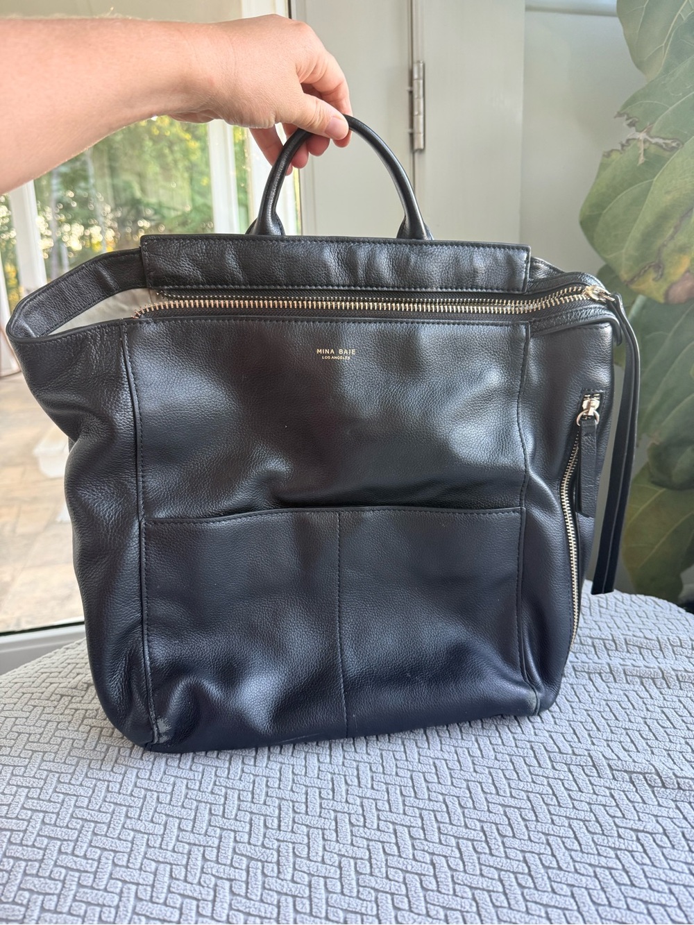 Mina Baie Harper Black Leather Diaper Bag